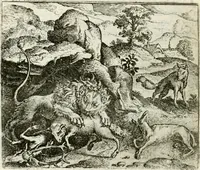 An illustration from Vorstelijcke warande der dieren : waer in de zeden-rijcke philosophie, poëtisch, morael, en historiael, vermakelijck en treffelijck wort voorgestelt : mit exempelen uyt de oude historien, in prose : ende uytleggingen, in rijm verklaert (1682)
