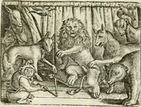 An illustration from Vorstelijcke warande der dieren : waer in de zeden-rijcke philosophie, poëtisch, morael, en historiael, vermakelijck en treffelijck wort voorgestelt : mit exempelen uyt de oude historien, in prose : ende uytleggingen, in rijm verklaert (1682)