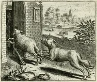 An illustration from Vorstelijcke warande der dieren : waer in de zeden-rijcke philosophie, poëtisch, morael, en historiael, vermakelijck en treffelijck wort voorgestelt : mit exempelen uyt de oude historien, in prose : ende uytleggingen, in rijm verklaert (1682)