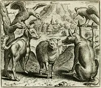 An illustration from Vorstelijcke warande der dieren : waer in de zeden-rijcke philosophie, poëtisch, morael, en historiael, vermakelijck en treffelijck wort voorgestelt : mit exempelen uyt de oude historien, in prose : ende uytleggingen, in rijm verklaert (1682)