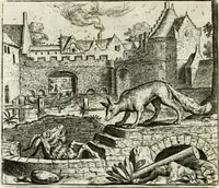 An illustration from Vorstelijcke warande der dieren : waer in de zeden-rijcke philosophie, poëtisch, morael, en historiael, vermakelijck en treffelijck wort voorgestelt : mit exempelen uyt de oude historien, in prose : ende uytleggingen, in rijm verklaert (1682)