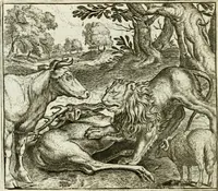 An illustration from Vorstelijcke warande der dieren : waer in de zeden-rijcke philosophie, poëtisch, morael, en historiael, vermakelijck en treffelijck wort voorgestelt : mit exempelen uyt de oude historien, in prose : ende uytleggingen, in rijm verklaert (1682)