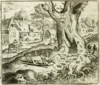 An illustration from Vorstelijcke warande der dieren : waer in de zeden-rijcke philosophie, poëtisch, morael, en historiael, vermakelijck en treffelijck wort voorgestelt : mit exempelen uyt de oude historien, in prose : ende uytleggingen, in rijm verklaert (1682)