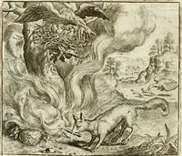 An illustration from Vorstelijcke warande der dieren : waer in de zeden-rijcke philosophie, poëtisch, morael, en historiael, vermakelijck en treffelijck wort voorgestelt : mit exempelen uyt de oude historien, in prose : ende uytleggingen, in rijm verklaert (1682)
