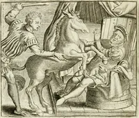 An illustration from Vorstelijcke warande der dieren : waer in de zeden-rijcke philosophie, poëtisch, morael, en historiael, vermakelijck en treffelijck wort voorgestelt : mit exempelen uyt de oude historien, in prose : ende uytleggingen, in rijm verklaert (1682)