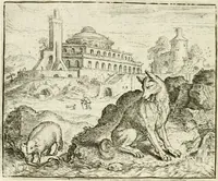 An illustration from Vorstelijcke warande der dieren : waer in de zeden-rijcke philosophie, poëtisch, morael, en historiael, vermakelijck en treffelijck wort voorgestelt : mit exempelen uyt de oude historien, in prose : ende uytleggingen, in rijm verklaert (1682)
