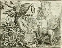 Picture 34 of 128 from Vorstelijcke warande der dieren : waer in de zeden-rijcke philosophie, poëtisch, morael, en historiael, vermakelijck en treffelijck wort voorgestelt : mit exempelen uyt de oude historien, in prose : ende uytleggingen, in rijm verklaert (1682), leaf 75