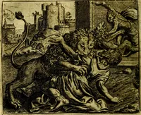 An illustration from Vorstelijcke warande der dieren : waer in de zeden-rijcke philosophie, poëtisch, morael, en historiael, vermakelijck en treffelijck wort voorgestelt : mit exempelen uyt de oude historien, in prose (1682)