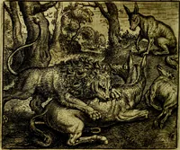 An illustration from Vorstelijcke warande der dieren : waer in de zeden-rijcke philosophie, poëtisch, morael, en historiael, vermakelijck en treffelijck wort voorgestelt : mit exempelen uyt de oude historien, in prose (1682)