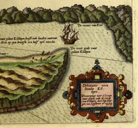 Picture 9 of 33 from Voyagie, ofte schip-vaert, van Ian Huyghen van Linschoten, van by Noorden om langes Noorvvegen de Noortcaep, Laplant, Vinlant, Ruslandt, de VVitte Zee, de custen van candenoes, Svvetenoes, Pitzora ... : VVaer inne seer distinctelicken verbaels-ghewijse beschreven ende aenghewesen wordt, alle t'ghene dat hem op de selve reyse van dach tot dach bejeghent en voorghecomen is ... Anno 1594. en[de] 1595 (1601), leaf 45