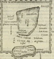 An illustration from Vrbis Romae topographia. Nvper ab ipso avctore nonnvllis erroribvs svblatis emendata. Addita etiam interpretatione Nominum, quae unica Litera, uel Syllaba in antiquis titulis scripta inueniuntur. Cui etiam ab eodem adiectae svnt qvam-breuissimae obseruationes de praenomine, nomine, & cognomine. De quibus etsi multi multa scriptsere, nemo tamen hactenus rei ueritatem attigisse videtur (1544)