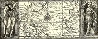 An illustration from VVaerachtighe ende grondighe beschryvinge van het groot ende Goudt-rijck Coninckrijck van Guiana, gheleghen zijnde in America, by noorden de groote Riviere Orelliana, vanden vijfden graed by zuyden totten vijf den graed by noorden de Middellinie in welcke beschryvinghe de rechte gheleghentheyt vande groote ende rijcke Hooftstadt Manoa, Macureguarai, ende andere steden des selvighen coninckrijcks ... (1598)