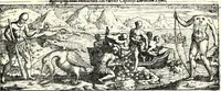 An illustration from VVaerachtighe ende grondighe beschryvinge van het groot ende Goudt-rijck Coninckrijck van Guiana, gheleghen zijnde in America, by noorden de groote Riviere Orelliana, vanden vijfden graed by zuyden totten vijf den graed by noorden de Middellinie in welcke beschryvinghe de rechte gheleghentheyt vande groote ende rijcke Hooftstadt Manoa, Macureguarai, ende andere steden des selvighen coninckrijcks ... (1598)