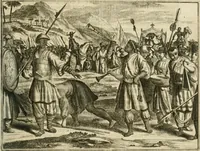 An illustration from Wahrhaftige ausführliche beschreibung der berühmten ostindischen kusten Malabar und Coromandel, als auch der insel Zeylon: samt dero angräntzenden und untergehörigen reichen, fürstentühmen, ländern, städten ... so wol auch der merkwürdigsten kriegshändel, belägerungen, feld- und seeschlachten, sonderlich zwischen den Portugesen und Holländern, handel-und kaufmannschaften: durchgehends verzieret mit neuen landkahrten und abbildungen der vornehmsten städte, festungen, trachten, thiere, früchte, &c. so in India selbst nach dem leben gezeichnet, und folgends mit fleiss zu kupfer gebracht: benebst einer umständlichen und gründlichen entdeckung der abgötterey der ost-indischen heyden, Malabaren, Benjanen, Gentiven, Bramines &c. .. (1672)