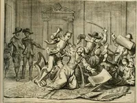 An illustration from Wahrhaftige ausführliche beschreibung der berühmten ostindischen kusten Malabar und Coromandel, als auch der insel Zeylon: samt dero angräntzenden und untergehörigen reichen, fürstentühmen, ländern, städten ... so wol auch der merkwürdigsten kriegshändel, belägerungen, feld- und seeschlachten, sonderlich zwischen den Portugesen und Holländern, handel-und kaufmannschaften: durchgehends verzieret mit neuen landkahrten und abbildungen der vornehmsten städte, festungen, trachten, thiere, früchte, &c. so in India selbst nach dem leben gezeichnet, und folgends mit fleiss zu kupfer gebracht: benebst einer umständlichen und gründlichen entdeckung der abgötterey der ost-indischen heyden, Malabaren, Benjanen, Gentiven, Bramines &c. .. (1672)