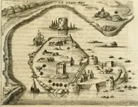 An illustration from Wahrhaftige ausführliche beschreibung der berühmten ostindischen kusten Malabar und Coromandel, als auch der insel Zeylon: samt dero angräntzenden und untergehörigen reichen, fürstentühmen, ländern, städten ... so wol auch der merkwürdigsten kriegshändel, belägerungen, feld- und seeschlachten, sonderlich zwischen den Portugesen und Holländern, handel-und kaufmannschaften: durchgehends verzieret mit neuen landkahrten und abbildungen der vornehmsten städte, festungen, trachten, thiere, früchte, &c. so in India selbst nach dem leben gezeichnet, und folgends mit fleiss zu kupfer gebracht: benebst einer umständlichen und gründlichen entdeckung der abgötterey der ost-indischen heyden, Malabaren, Benjanen, Gentiven, Bramines &c. .. (1672)