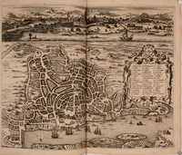 An illustration from Wahrhaftige ausführliche beschreibung der berühmten ostindischen kusten Malabar und Coromandel, als auch der insel Zeylon: samt dero angräntzenden und untergehörigen reichen, fürstentühmen, ländern, städten ... so wol auch der merkwürdigsten kriegshändel, belägerungen, feld- und seeschlachten, sonderlich zwischen den Portugesen und Holländern, handel-und kaufmannschaften: durchgehends verzieret mit neuen landkahrten und abbildungen der vornehmsten städte, festungen, trachten, thiere, früchte, &c. so in India selbst nach dem leben gezeichnet, und folgends mit fleiss zu kupfer gebracht: benebst einer umständlichen und gründlichen entdeckung der abgötterey der ost-indischen heyden, Malabaren, Benjanen, Gentiven, Bramines &c. .. (1672)
