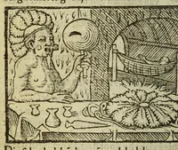 An illustration from Warachtige historie ende beschriuinge eens lants in America ghelegen, vviens invvoonders vvilt, naeckt, seer godloos, ende vvreede menschen eters sijn. (1558)