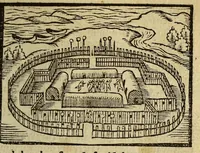 An illustration from Warachtige historie ende beschriuinge eens lants in America ghelegen, vviens invvoonders vvilt, naeckt, seer godloos, ende vvreede menschen eters sijn. (1558)