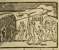 An illustration from Warachtige historie ende beschriuinge eens lants in America ghelegen, vviens invvoonders vvilt, naeckt, seer godloos, ende vvreede menschen eters sijn. (1558)