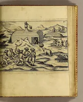 An illustration from Warhafftige Relation. Der dreyen newen vnerhörten, seltzamen Schiffart, so die holländischen vnd seeländischen Schiff gegen Mitternacht, drey Jar nach einander, als Anno 1594. 1595. vnd 1596. verricht. : Wie sie Nottvvegen, Lappiam, Biarmiam, vnd Russiam, oder Moscoviam (vorhabens ins Königreich Cathay vnd China zukommen) vmbsegelt haben. Als auch wie sie das Fretum Nassoviae, VVaygats, Novam Semblam, vnd das Land vnter dem 8o. Gradu Latitud. so man vermeint das Groenland sey, gefunden: vnd was für gefahr, wegen der erschröcklichen Bern, Meerwunder, vnd dem Eyss, sie aussgestanden. (1598)
