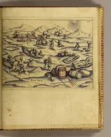 An illustration from Warhafftige Relation. Der dreyen newen vnerhörten, seltzamen Schiffart, so die holländischen vnd seeländischen Schiff gegen Mitternacht, drey Jar nach einander, als Anno 1594. 1595. vnd 1596. verricht. : Wie sie Nottvvegen, Lappiam, Biarmiam, vnd Russiam, oder Moscoviam (vorhabens ins Königreich Cathay vnd China zukommen) vmbsegelt haben. Als auch wie sie das Fretum Nassoviae, VVaygats, Novam Semblam, vnd das Land vnter dem 8o. Gradu Latitud. so man vermeint das Groenland sey, gefunden: vnd was für gefahr, wegen der erschröcklichen Bern, Meerwunder, vnd dem Eyss, sie aussgestanden. (1598)
