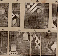 Picture 135 of 140 from Nützliches in lauter auserlesenen, wohl-approbirt- und meistentheils neu-inventirten Mustern bestehendes, Weber-Bild-Buch : als, zwey und siebenzig gesteinten Zeichnungen, von 15. bis auf 40. schäfftig und 32. Stück 16. und 20. schäfftigen Hin- und Wieder-Mödel, auch allerhand der nettesten Gattung von roth-gestreifften Arbeiten, sammt denen dazu gehörigen Zügen und Schnürungen : ingleichen allerhand nöthigen Bildern, auch Doppel-Kellisch, und einer Art von den Damast-Boden, 8. Flügel auf einen Bruch : dann eine Anweisung, wie sich diese Art Züg und Bilder zu halben Brüchen theilen, zerlegen, auch Doppel-Kellisch-Bilder so, wie man sie zum Gebrauch nöthig, selbst versetzen und verändern kan : wobey auch einer jeden Gattung insonderheit eine schrifftliche Anleitung voran gedruckt worden (1783), leaf 202