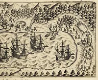 An illustration from Wonderlijcke voyagie, by de Hollanders ghedaen, door de Strate Magalanes, ende voorts den gantschen kloot des aerdtbodems om, met vier schepen : onder den Admirael Olivier van Noort, van Utrecht, uytgevaren anno 1598 (1649)