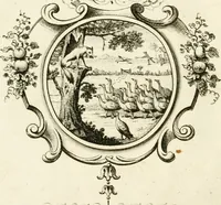 An illustration from Writing and drawing made easy, amusing and instructive : containing the whole alphabet in all the characters now us'd, both in printing and penmanship : each illustrated by emblematic devices and moral copies : calculated for the user of schools and curiously engraved by the best hands ... (1750)