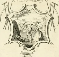An illustration from Writing and drawing made easy, amusing and instructive : containing the whole alphabet in all the characters now us'd, both in printing and penmanship : each illustrated by emblematic devices and moral copies : calculated for the user of schools and curiously engraved by the best hands ... (1750)