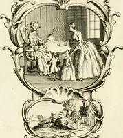 An illustration from Writing and drawing made easy, amusing and instructive : containing the whole alphabet in all the characters now us'd, both in printing and penmanship : each illustrated by emblematic devices and moral copies : calculated for the user of schools and curiously engraved by the best hands ... (1750)