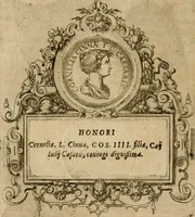 An illustration from XII. primorvm Caesarvm et LXIIII ipsorvm vxorvm et parentum ex antiquis numismatibus, in aere incisae, effigies : atque eorundem earundemque vitae & res gestae, ex varijs authoribus collectae per Levinvm Hvlsivm .. (1597)