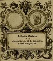 An illustration from XII. primorvm Caesarvm et LXIIII ipsorvm vxorvm et parentum ex antiquis numismatibus, in aere incisae, effigies : atque eorundem earundemque vitae & res gestae, ex varijs authoribus collectae per Levinvm Hvlsivm .. (1597)