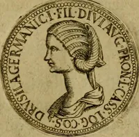 An illustration from XII. primorvm Caesarvm et LXIIII ipsorvm vxorvm et parentum ex antiquis numismatibus, in aere incisae, effigies : atque eorundem earundemque vitae & res gestae, ex varijs authoribus collectae per Levinvm Hvlsivm .. (1597)