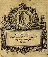 An illustration from XII primorvm Caesarvm et LXIIII. Ipsorvm vxorvm et parentum ex antiquis numismatibus, in aere incisae, effigies: atque eorundem earundemque vitae & res gestae, ex varijs authoribus (1597)
