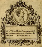 An illustration from XII primorvm Caesarvm et LXIIII. Ipsorvm vxorvm et parentum ex antiquis numismatibus, in aere incisae, effigies: atque eorundem earundemque vitae & res gestae, ex varijs authoribus (1597)