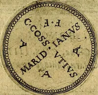 An illustration from XII primorvm Caesarvm et LXIIII. Ipsorvm vxorvm et parentum ex antiquis numismatibus, in aere incisae, effigies: atque eorundem earundemque vitae & res gestae, ex varijs authoribus (1597)