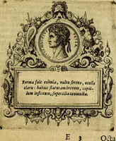 An illustration from XII primorvm Caesarvm et LXIIII. Ipsorvm vxorvm et parentum ex antiquis numismatibus, in aere incisae, effigies: atque eorundem earundemque vitae & res gestae, ex varijs authoribus (1597)