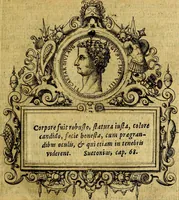 An illustration from XII primorvm Caesarvm et LXIIII. Ipsorvm vxorvm et parentum ex antiquis numismatibus, in aere incisae, effigies: atque eorundem earundemque vitae & res gestae, ex varijs authoribus (1597)