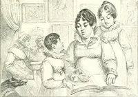 An illustration from XIXe [i.e. Dix-neuvième] siècle (en France); classes - moeurs - usages - costumes - inventions. Ouvrage illustré d'un front. chromotypographique, de 16 planches coloriées aux patrons, de 36 entetes et lettres ornées et de 487 gravures (dont 24 tirées hors texte) d'après les principaux artistes du siècle (1893)