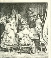 An illustration from XIXe [i.e. Dix-neuvième] siècle (en France); classes - moeurs - usages - costumes - inventions. Ouvrage illustré d'un front. chromotypographique, de 16 planches coloriées aux patrons, de 36 entetes et lettres ornées et de 487 gravures (dont 24 tirées hors texte) d'après les principaux artistes du siècle (1893)