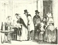 An illustration from XIXe [i.e. Dix-neuvième] siècle (en France); classes - moeurs - usages - costumes - inventions. Ouvrage illustré d'un front. chromotypographique, de 16 planches coloriées aux patrons, de 36 entetes et lettres ornées et de 487 gravures (dont 24 tirées hors texte) d'après les principaux artistes du siècle (1893)