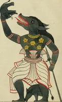 An illustration from Yakkun nattannaw: a Cingalese poem, descriptive of the Ceylon system of demonology; to which is appended, The practices of a Capua or devil priest; as described by a Budhist and Klan nattannaw: a Cingalese poem, descriptive of the characters assumed by natives of Ceylon in a masquerade. Translated by John Callaway (1829)