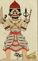An illustration from Yakkun nattannaw: a Cingalese poem, descriptive of the Ceylon system of demonology; to which is appended, The practices of a Capua or devil priest; as described by a Budhist and Klan nattannaw: a Cingalese poem, descriptive of the characters assumed by natives of Ceylon in a masquerade. Translated by John Callaway (1829)