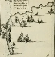 An illustration from Zeer aanmerkelijke reysen gedaan door Jan Erasmus Reining, meest in de West-Indien en ook in veel andere deelen des werelds. &c. : waer in kortelijk verhandelt werd het geen hem van syn kintsche jaren avontuurlyk ter zee en te land tot zijn 49ste jaar is voorgevallen, soo tegens de wilden, als voor en tegens de Spanjaarden, en voor en tegens de Engelschen, Franse, Portugese en meer andere natien : groote hongers-nood, schrikkelijke elende, perijkelen zijns levens, stoute actien, kloekmoedige uitvoeringen, en victorieuse verrigtinge (1691)