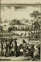 An illustration from Zeer aanmerkelijke reysen gedaan door Jan Erasmus Reining, meest in de West-Indien en ook in veel andere deelen des werelds. &c. : waer in kortelijk verhandelt werd het geen hem van syn kintsche jaren avontuurlyk ter zee en te land tot zijn 49ste jaar is voorgevallen, soo tegens de wilden, als voor en tegens de Spanjaarden, en voor en tegens de Engelschen, Franse, Portugese en meer andere natien : groote hongers-nood, schrikkelijke elende, perijkelen zijns levens, stoute actien, kloekmoedige uitvoeringen, en victorieuse verrigtinge (1691)