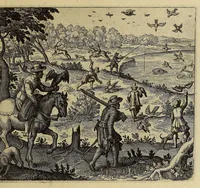 An illustration from Zehender Theil America. : Darinnen zubefinden: erstlich, zwo Schiffarten Herrn Americi Vesputii vnter König Ferdinando in Castilien vollbracht. Zum andern: ein gründlicher Bericht von dem jetzigen Zustand der Landschafft Virginien, wie nemlich der Friede mit den Indianern, vollnzogen, vnd den Englischen zum Schutz dess Lands allda etliche Stätt vnd Vestung erbawet worden. Beneben einer Heyrath dess Königs Powhatans in Virginien Tochter, mit einem vornemmen Englischen, durch Raphe Homar einen Secretarien in Virginien beschrieben, in Hochteutsch vbersetzt. Zum dritten: ein warhafftige Beschreibung dess newen Engellands, einer Landschafft in Nord-Indien, eines Theils in America, von Capitein Johann Schmiden, Rittern vnd Admiraln beschrieben, neben einem Discurs, wie er auff der andern Reyse von den Frantzosen gefangen, vnd widerumb Anno 1616. erlediger worden. (1618)