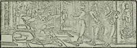 An illustration from Zwey Bücher : Einer neüen kunstlichen Tabulatur auff Orgel und Instrument. Deren das erste ausserlesne Moteten und Stuck zu sechs fünff und vier Stimmen auss den kunstreichesten und weltberumbtesten Musicis und Componisten diser unser Zeit abgesetzt. Das ander allerley schöne teutsche, italienische, frantzösische, geistliche und weltliche Lieder mit funff und vier Stimmen Passamezo, Galliardo und Täntze in sich begreifft.. (1577)
