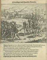 An illustration from Den spiegel der Spaensche tierannije, geschiet in Westindien : waerin te sien is de onmenschelijke wreede feÿten der Spanjaerden met samen de beschrijvinge der selver lant en volcken aert en nature allen vaderlant lieuende en vrome voorsta[n]ders ten exempel voor gestelt (1620)
