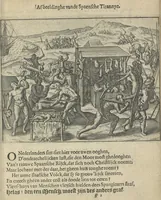 An illustration from Den spiegel der Spaensche tierannije, geschiet in Westindien : waerin te sien is de onmenschelijke wreede feÿten der Spanjaerden met samen de beschrijvinge der selver lant en volcken aert en nature allen vaderlant lieuende en vrome voorsta[n]ders ten exempel voor gestelt (1620)